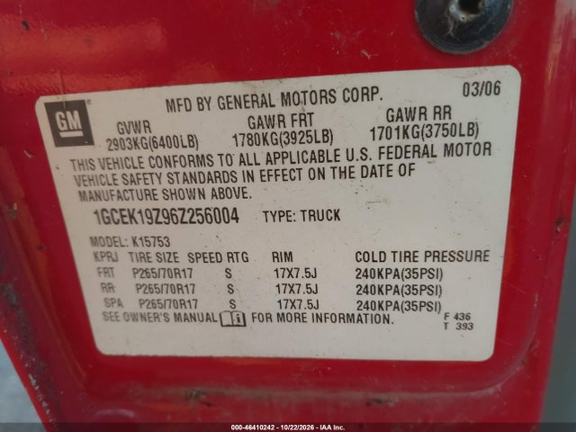 Aukcja sprzedaży 2006 Chevrolet Silverado 1500 Lt3, vin: 1GCEK19Z96Z256004, numer aukcji: 46410242