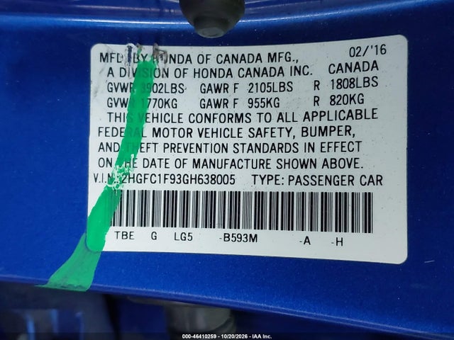 2016 Honda Civic Touring მანქანა იყიდება აუქციონზე, vin: 2HGFC1F93GH638005, აუქციონის ნომერი: 46410259