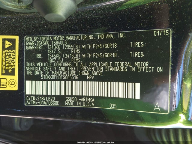Toyota Highlander Xle V6 2015 5TDKKRFH3FS065516 Image 9