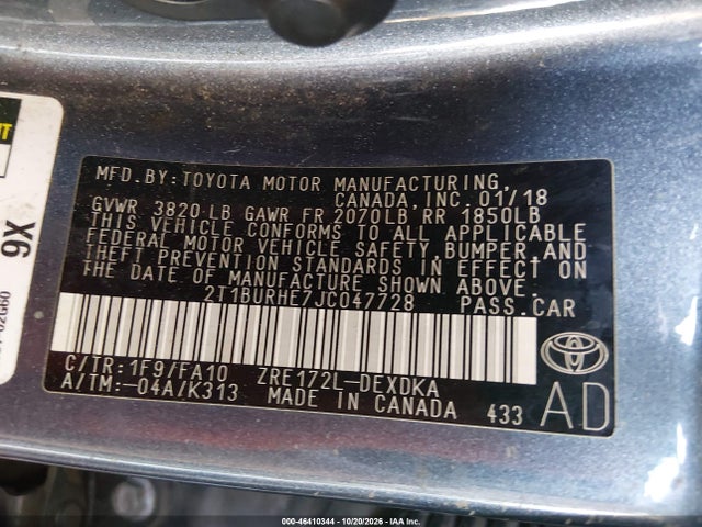 46410344 :رقم المزاد ، 2T1BURHE7JC047728 vin ، 2018 Toyota Corolla L مزاد بيع