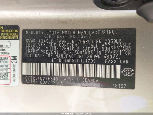 46410364 :رقم المزاد ، 4T1BE46K57U134799 vin ، 2007 Toyota Camry Le مزاد بيع