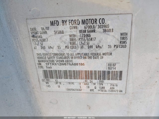 Продажа на аукционе авто 2007 Ford F-150 Stx/xl/xlt, vin: 1FTRX12W67NA88186, номер лота: 46410387