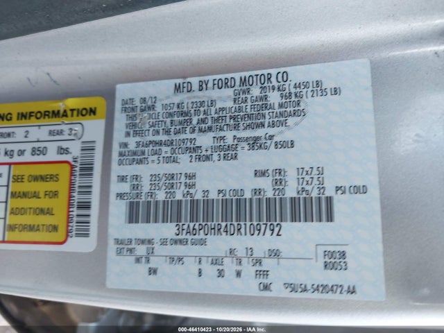 Продажа на аукционе авто 2013 Ford Fusion Se, vin: 3FA6P0HR4DR109792, номер лота: 46410423