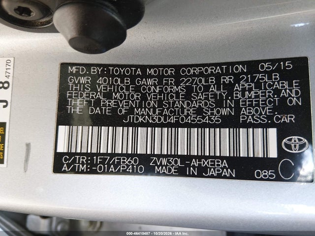 Продаж на аукціоні авто 2015 Toyota Prius Two, vin: JTDKN3DU4F0455435, номер лоту: 46410487