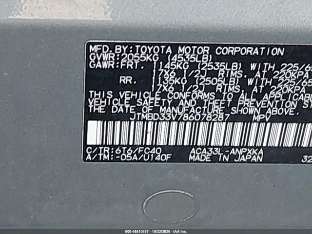 46410497 :رقم المزاد ، JTMBD33V786078287 vin ، 2008 Toyota Rav4 مزاد بيع