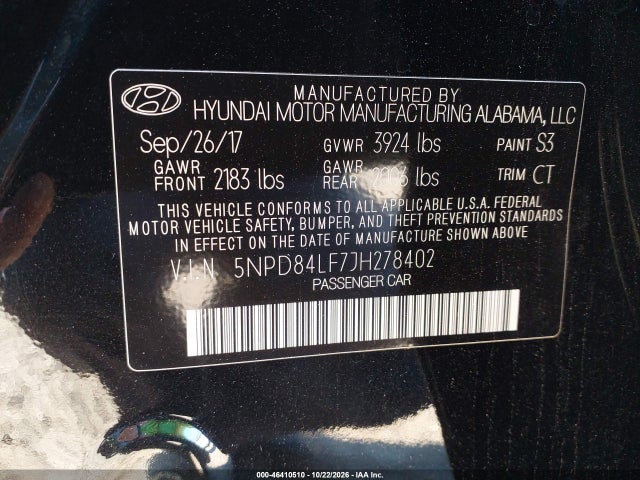 2018 Hyundai Elantra Value Edition მანქანა იყიდება აუქციონზე, vin: 5NPD84LF7JH278402, აუქციონის ნომერი: 46410510