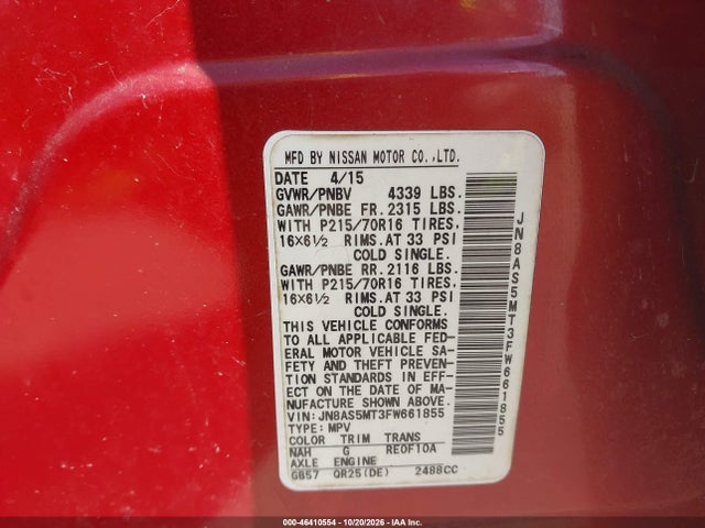 46410554 :رقم المزاد ، JN8AS5MT3FW661855 vin ، 2015 Nissan Rogue Select S مزاد بيع