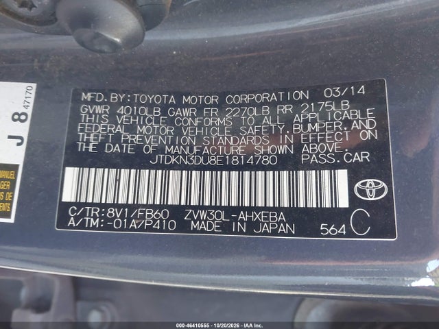 Aukcja sprzedaży 2014 Toyota Prius Two, vin: JTDKN3DU8E1814780, numer aukcji: 46410555