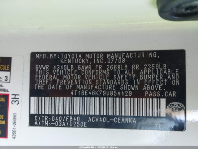2009 Toyota Camry Le მანქანა იყიდება აუქციონზე, vin: 4T1BE46K79U854429, აუქციონის ნომერი: 46410568