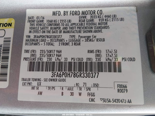 Aukcja sprzedaży 2016 Ford Fusion Se, vin: 3FA6P0H78GR330377, numer aukcji: 46410604