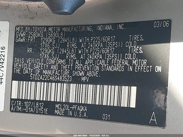 46410606 :رقم المزاد ، 5TDZA22C46S483523 vin ، 2006 Toyota Sienna Xle Limited مزاد بيع