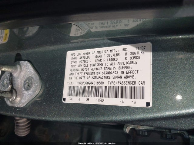 Продажа на аукционе авто 2008 Honda Accord 3.5 Ex-l, vin: 1HGCP36828A018580, номер лота: 46410684