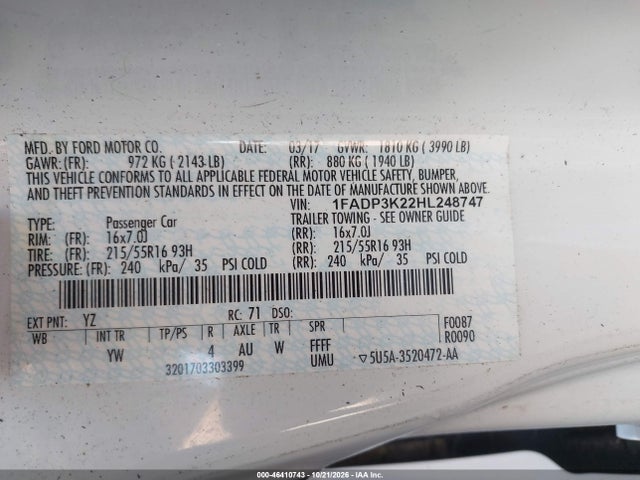 Продаж на аукціоні авто 2017 Ford Focus Se, vin: 1FADP3K22HL248747, номер лоту: 46410743