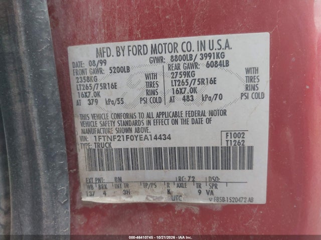 Продаж на аукціоні авто 2000 Ford F-250 Lariat/xl/xlt, vin: 1FTNF21F0YEA14434, номер лоту: 46410745