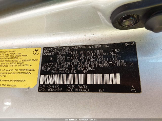 Продаж на аукціоні авто 2007 Lexus Rx 350, vin: 2T2HK31U67C011032, номер лоту: 46411009