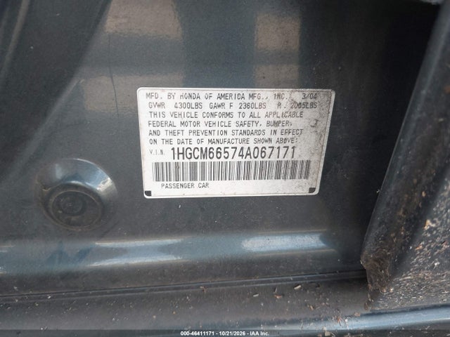 Продаж на аукціоні авто 2004 Honda Accord Ex, vin: 1HGCM66574A067171, номер лоту: 46411171