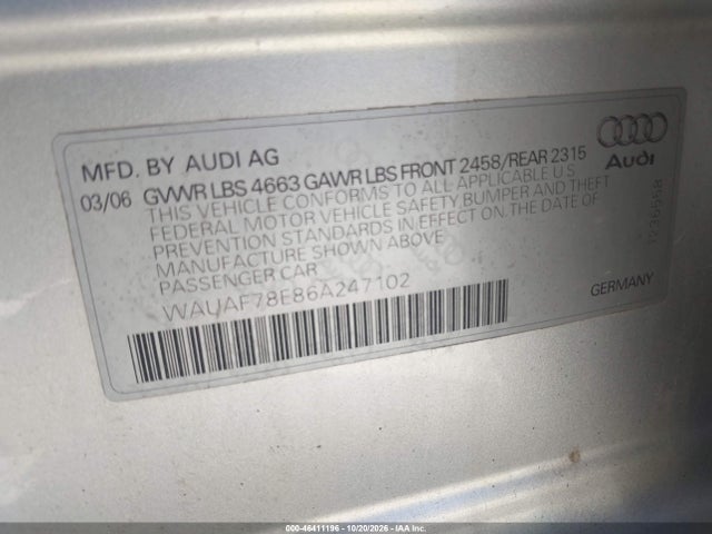 Продажа на аукционе авто 2006 Audi A4 2.0t, vin: WAUAF78E86A247102, номер лота: 46411196