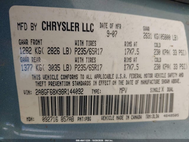 2008 Chrysler Pacifica Touring მანქანა იყიდება აუქციონზე, vin: 2A8GF68X98R144092, აუქციონის ნომერი: 46411220