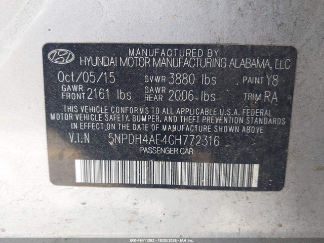 46411262 :رقم المزاد ، 5NPDH4AE4GH772316 vin ، 2016 Hyundai Elantra Se مزاد بيع