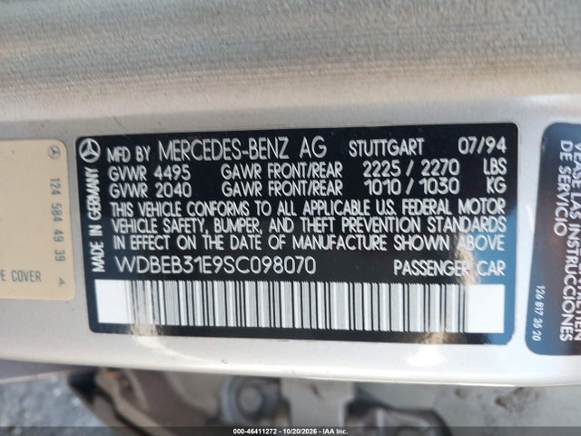 46411272 :رقم المزاد ، WDBEB31E9SC098070 vin ، 1995 Mercedes-benz E 300d/300d Special مزاد بيع