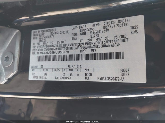 Aukcja sprzedaży 2017 Ford Escape Titanium, vin: 1FMCU9J99HUB58579, numer aukcji: 46411281