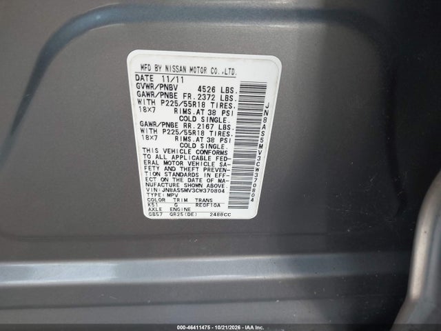 46411475 :رقم المزاد ، JN8AS5MV3CW370804 vin ، 2012 Nissan Rogue Sv W/sl Pkg مزاد بيع