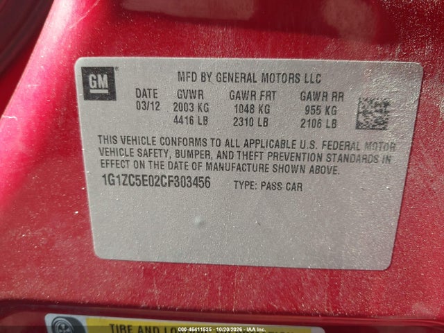 46411535 :رقم المزاد ، 1G1ZC5E02CF303456 vin ، 2012 Chevrolet Malibu 1lt مزاد بيع