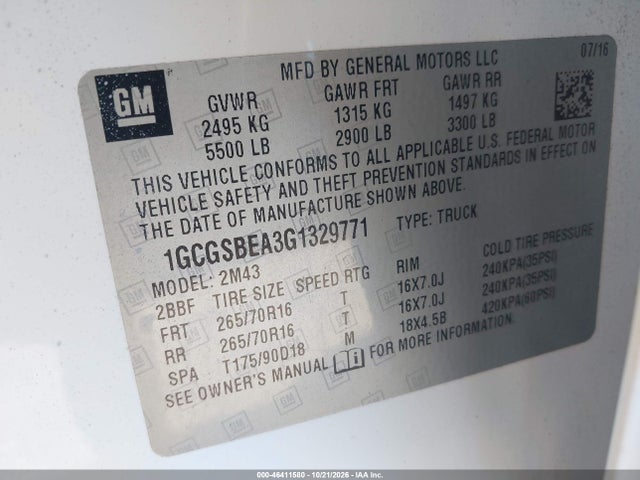 46411580 :رقم المزاد ، 1GCGSBEA3G1329771 vin ، 2016 Chevrolet Colorado Wt مزاد بيع