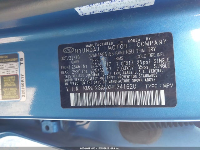 Aukcja sprzedaży 2017 Hyundai Tucson Se, vin: KM8J23A4XHU341620, numer aukcji: 46411613
