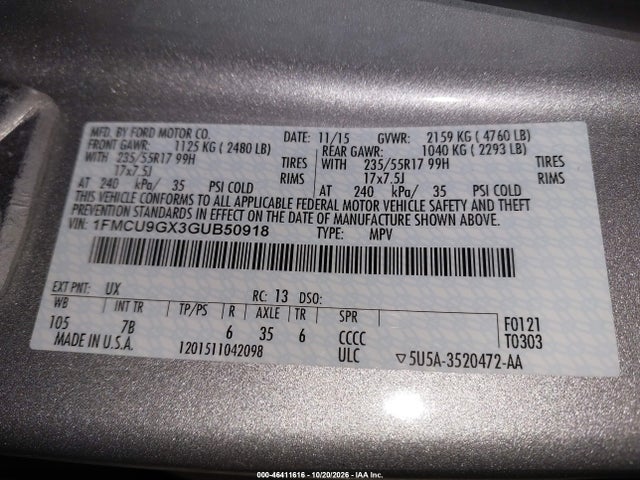 46411616 :رقم المزاد ، 1FMCU9GX3GUB50918 vin ، 2016 Ford Escape Se مزاد بيع