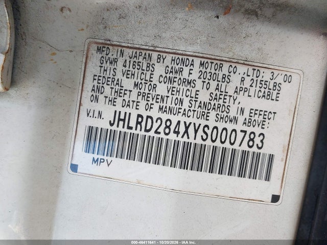 2000 Honda Cr-v Lx მანქანა იყიდება აუქციონზე, vin: JHLRD284XYS000783, აუქციონის ნომერი: 46411641