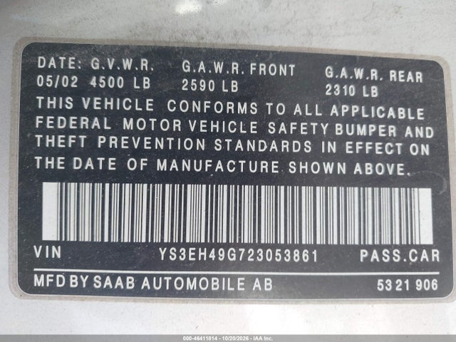 Продажа на аукционе авто 2002 Saab 9-5 Aero, vin: YS3EH49G723053861, номер лота: 46411814