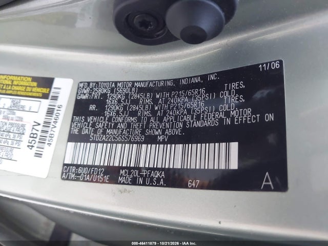 46411879 :رقم المزاد ، 5TDZA22C56S576969 vin ، 2006 Toyota Sienna Xle مزاد بيع