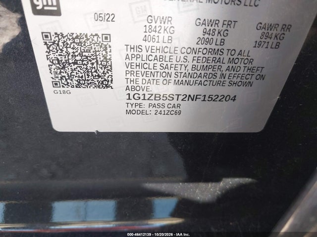 Aukcja sprzedaży 2022 Chevrolet Malibu Fwd Ls, vin: 1G1ZB5ST2NF152204, numer aukcji: 46412139