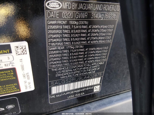 2020 Land Rover Range Rover Hse მანქანა იყიდება აუქციონზე, vin: SALGS2RU9LA402875, აუქციონის ნომერი: 46412188