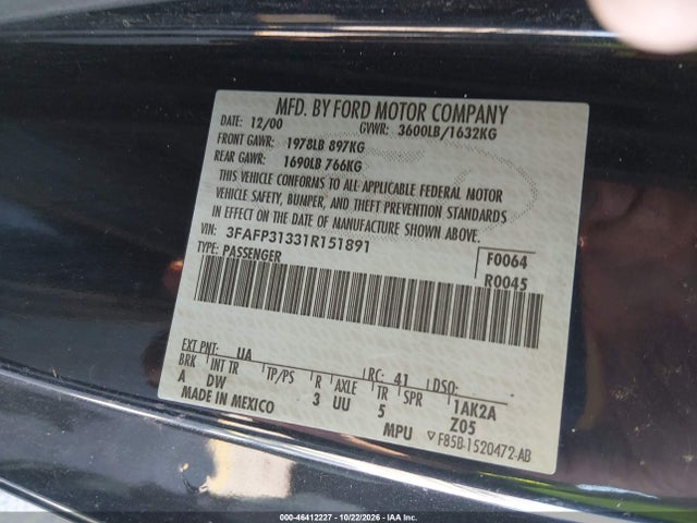 Продаж на аукціоні авто 2001 Ford Focus Zx3, vin: 3FAFP31331R151891, номер лоту: 46412227