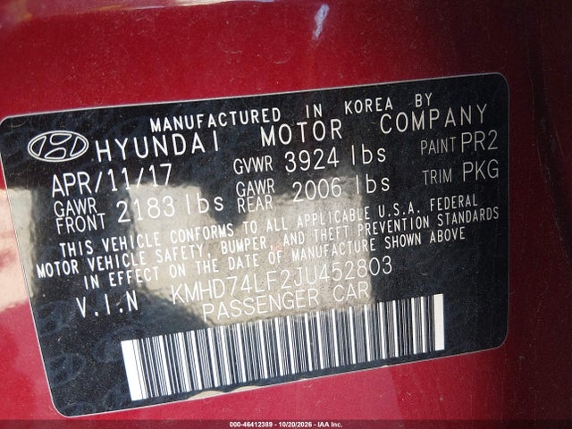 Aukcja sprzedaży 2018 Hyundai Elantra Se, vin: KMHD74LF2JU452803, numer aukcji: 46412389