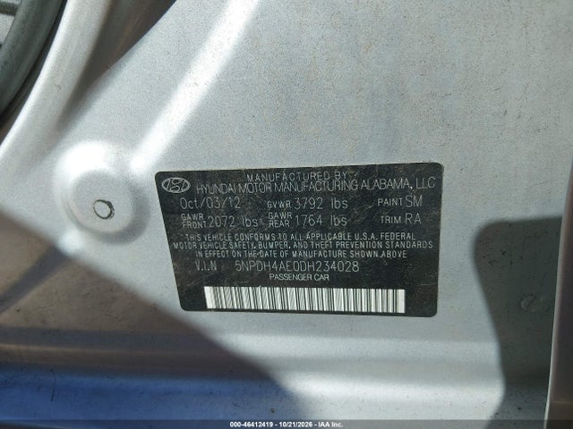 46412419 :رقم المزاد ، 5NPDH4AE0DH234028 vin ، 2013 Hyundai Elantra Gls مزاد بيع