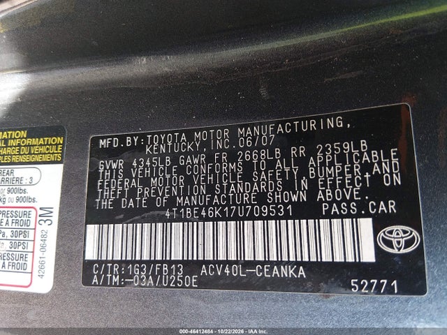 Aukcja sprzedaży 2007 Toyota Camry Le, vin: 4T1BE46K17U709531, numer aukcji: 46412484