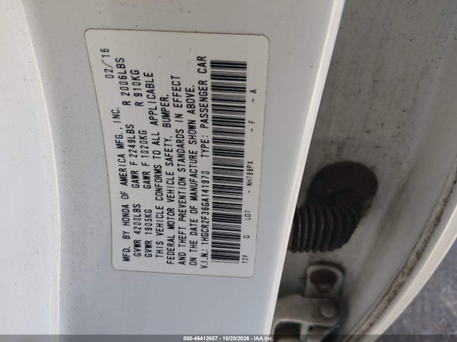 Продаж на аукціоні авто 2016 Honda Accord Lx, vin: 1HGCR2F36GA141970, номер лоту: 46412657