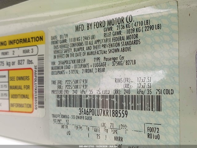 3FA6P0LU7KR188559 Ford Fusion Hybrid Se