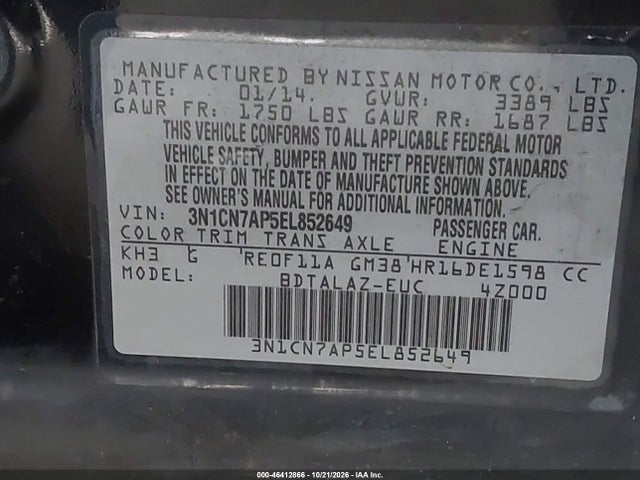 Aukcja sprzedaży 2014 Nissan Versa 1.6 S+, vin: 3N1CN7AP5EL852649, numer aukcji: 46412866