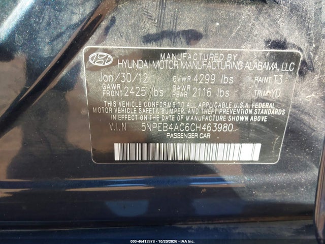 46412878 :رقم المزاد ، 5NPEB4AC6CH463980 vin ، 2012 Hyundai Sonata Gls مزاد بيع