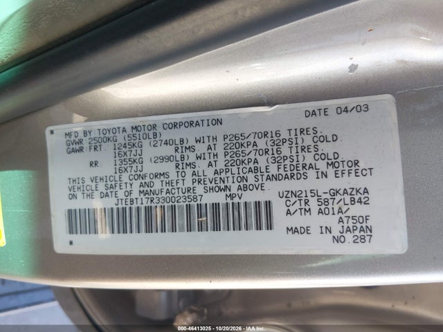 2003 Toyota 4runner Limited V8 მანქანა იყიდება აუქციონზე, vin: JTEBT17R330023587, აუქციონის ნომერი: 46413025