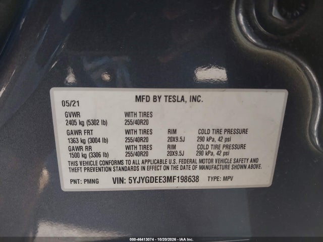 Продаж на аукціоні авто 2021 Tesla Model Y Long Range Dual Motor All-wheel Drive, vin: 5YJYGDEE3MF198638, номер лоту: 46413074