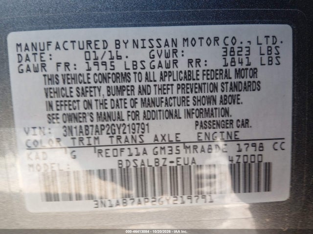 46413084 :رقم المزاد ، 3N1AB7AP2GY219791 vin ، 2016 Nissan Sentra S مزاد بيع