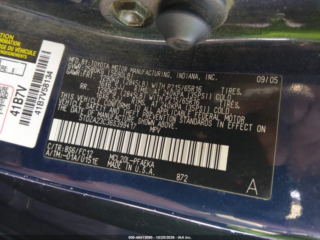 Aukcja sprzedaży 2006 Toyota Sienna Le, vin: 5TDZA23C36S399417, numer aukcji: 46413090