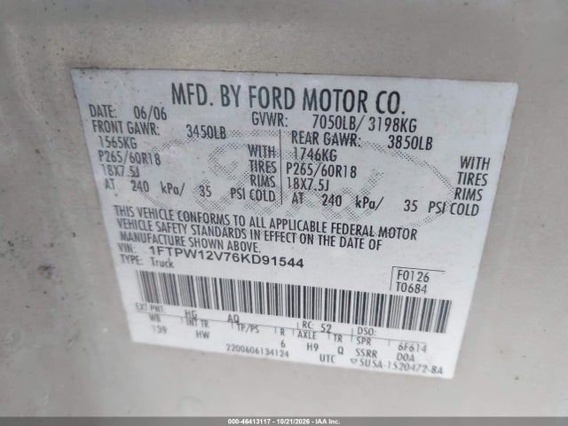 2006 Ford F-150 Lariat/xlt მანქანა იყიდება აუქციონზე, vin: 1FTPW12V76KD91544, აუქციონის ნომერი: 46413117