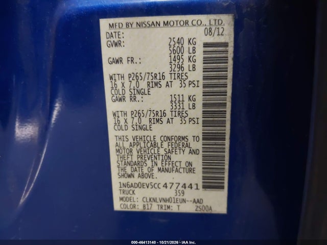 Продаж на аукціоні авто 2012 Nissan Frontier Pro-4x, vin: 1N6AD0EV5CC477441, номер лоту: 46413140