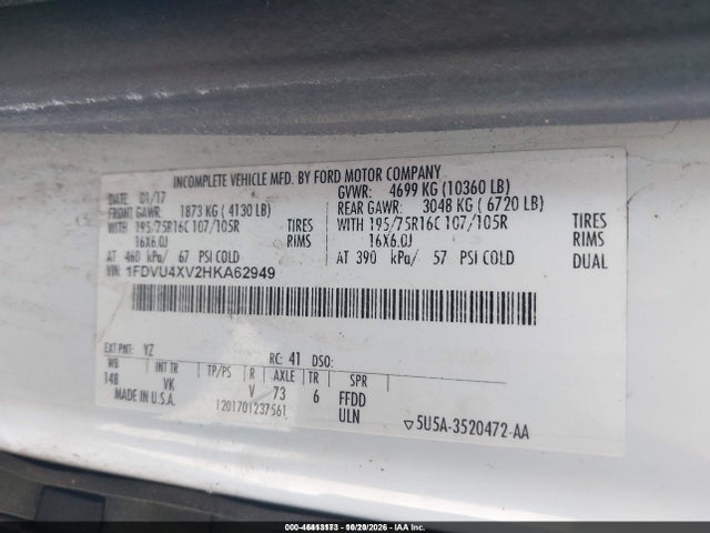 Aukcja sprzedaży 2017 Ford Transit-350 Xl, vin: 1FDVU4XV2HKA62949, numer aukcji: 46413173